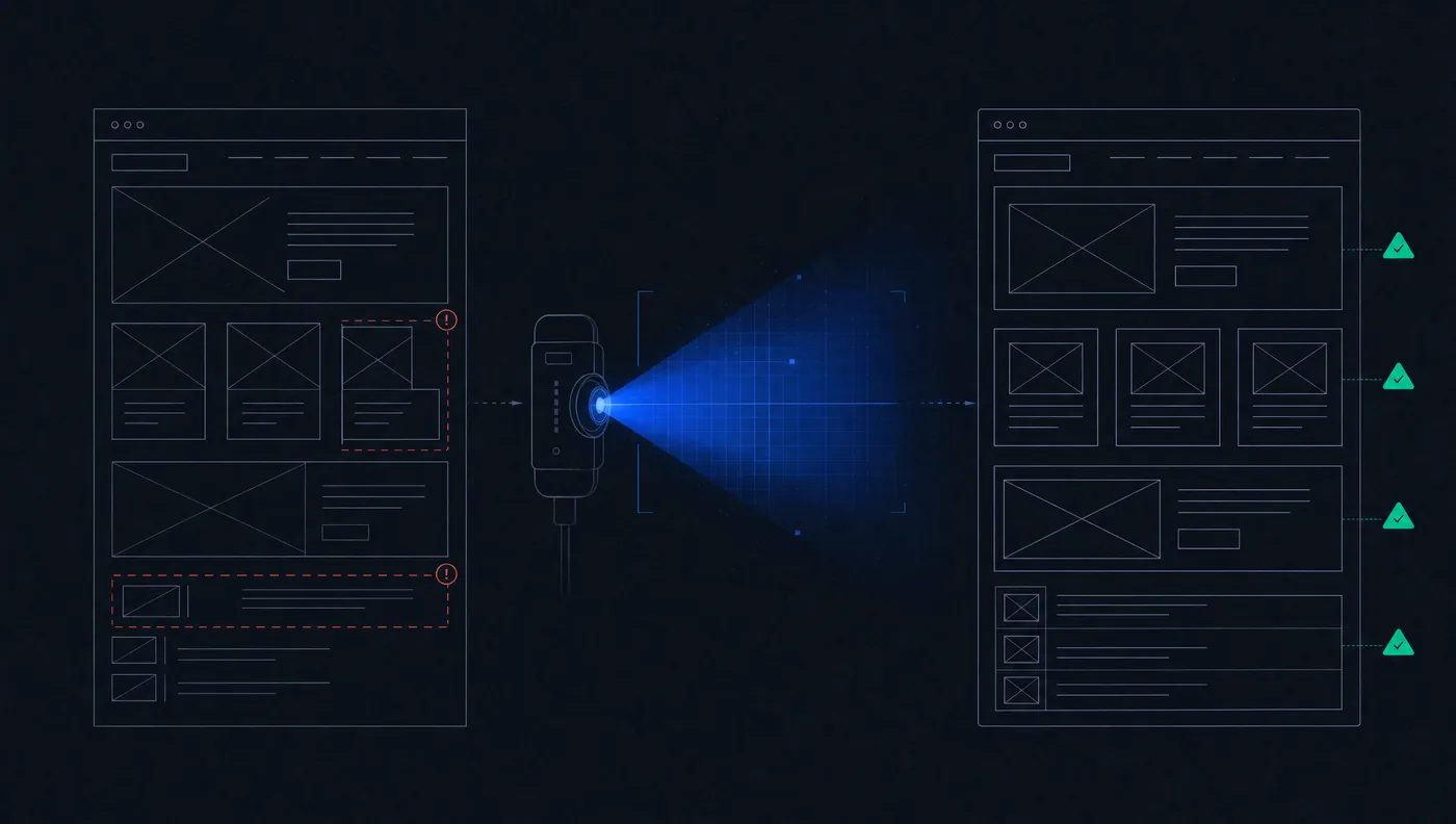 Schematic illustration of a website audit: two wireframe site scans, a scanning device in the middle projecting a blue analysis beam, and green check indicators on the fixed copy.